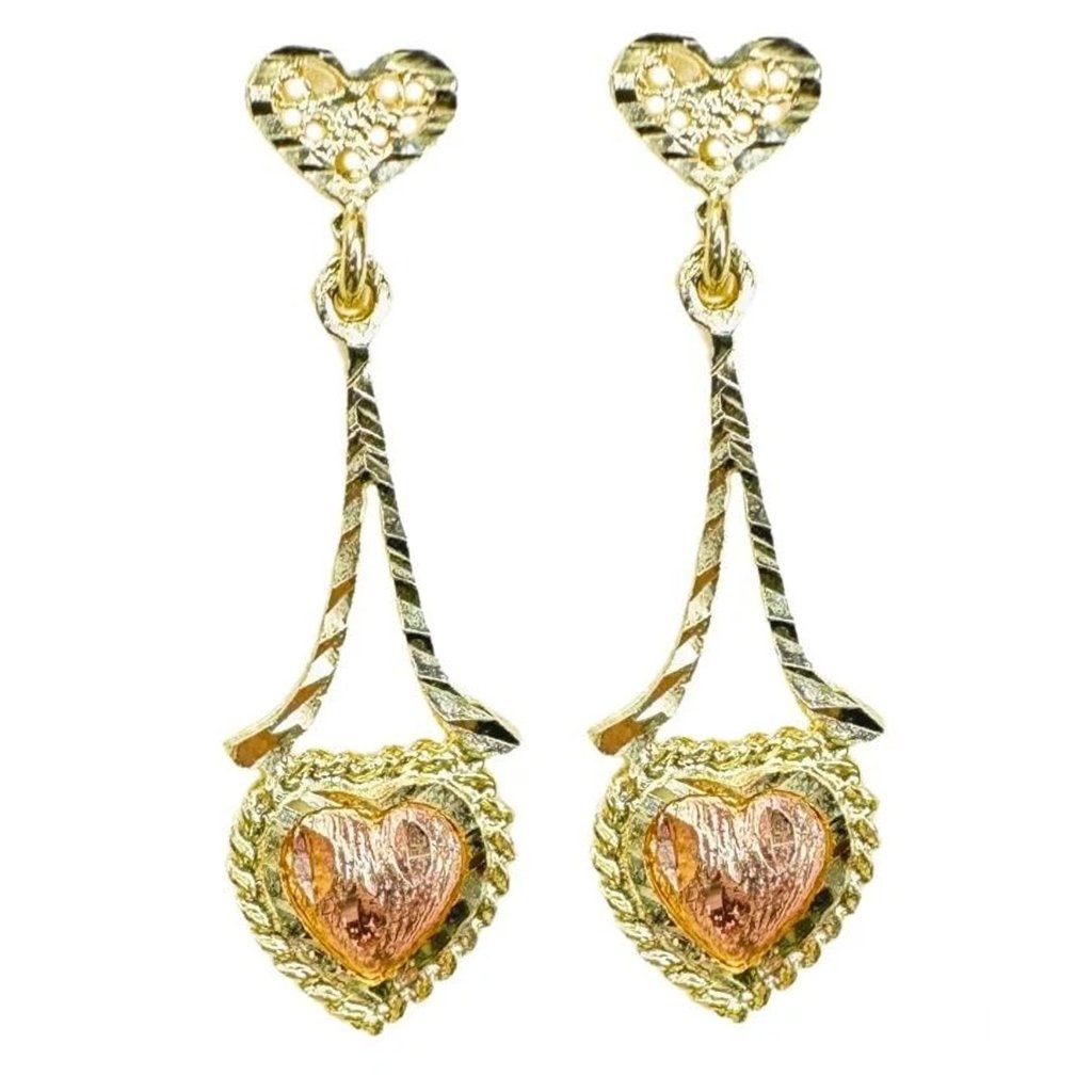 14k Two Tone Gold Heart Etched Dangle Earrings